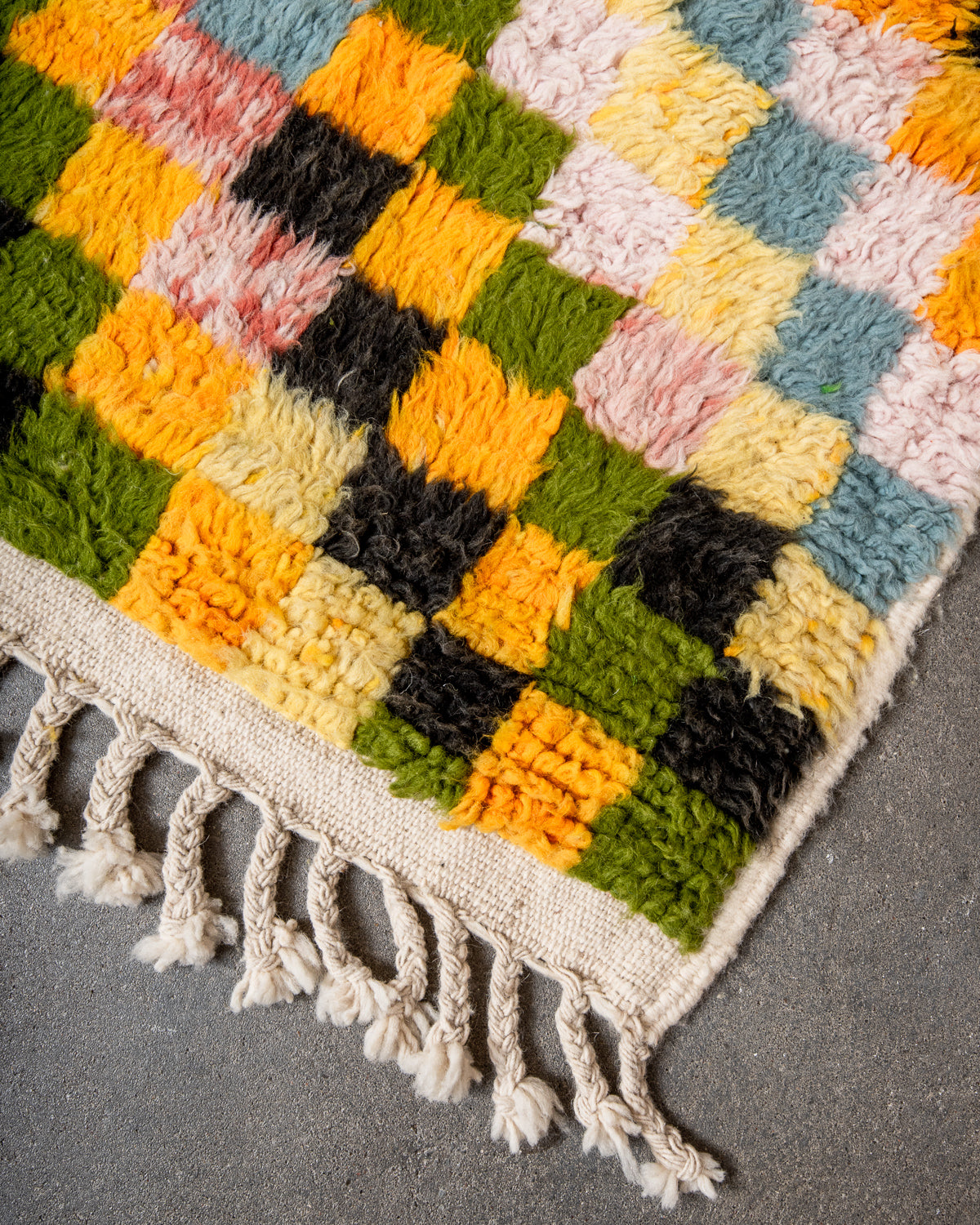 Modern, designer, handcrafted Berber rug from Morocco. Beniourain carpet with beautiful colours and patterns and fluffy wool texture.